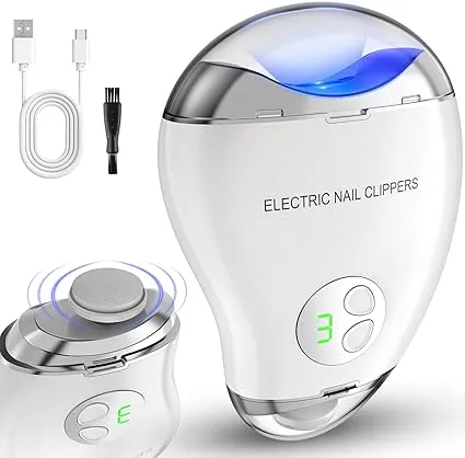 Kitcanis Electric Nail Clippers, 4-in-1 Cutting and Grinding Automatic& Nail Scraps Storage, 3-Speed Nail Cutter with LED Light, Rechargeable Fingernail Trimmer for Baby, Kids, Adults, Elderly-White