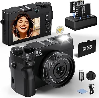K 75 MP Digital Camera for Photography with 18X Zoom, 64GB, UHD Dual Lens | WiFi Autofocus Vlogging Camera, Compact Point and Shoot Travel Cameras for Beginner and Teen, 1 Charge for 2 Batteries, Gift